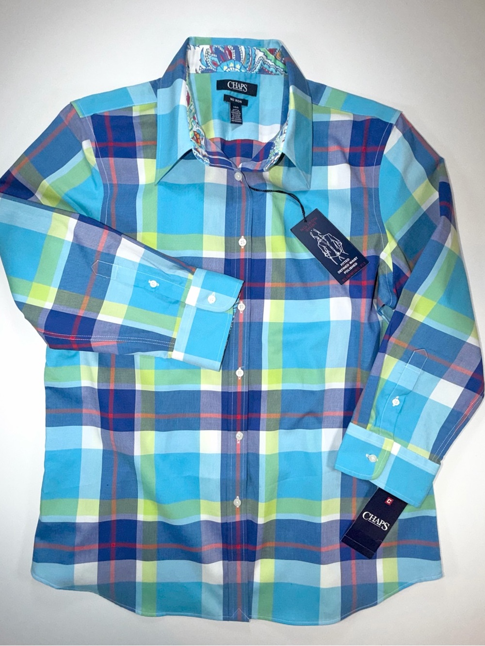 Chaps NO IRON Button Up Shirt Blue Plaid Top 3/4 Sleeve Women Sz Large ~ NWT - Picture 2 of 11